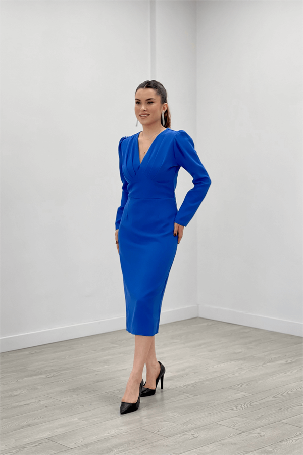 Double Kumaş V Yaka Kolları Tüy Detaylı Kalem Abiye Elbise - SAKS MAVİ