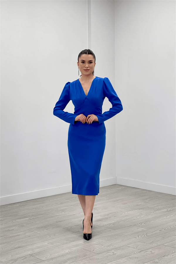 Double Kumaş V Yaka Kolları Tüy Detaylı Kalem Abiye Elbise - SAKS MAVİ