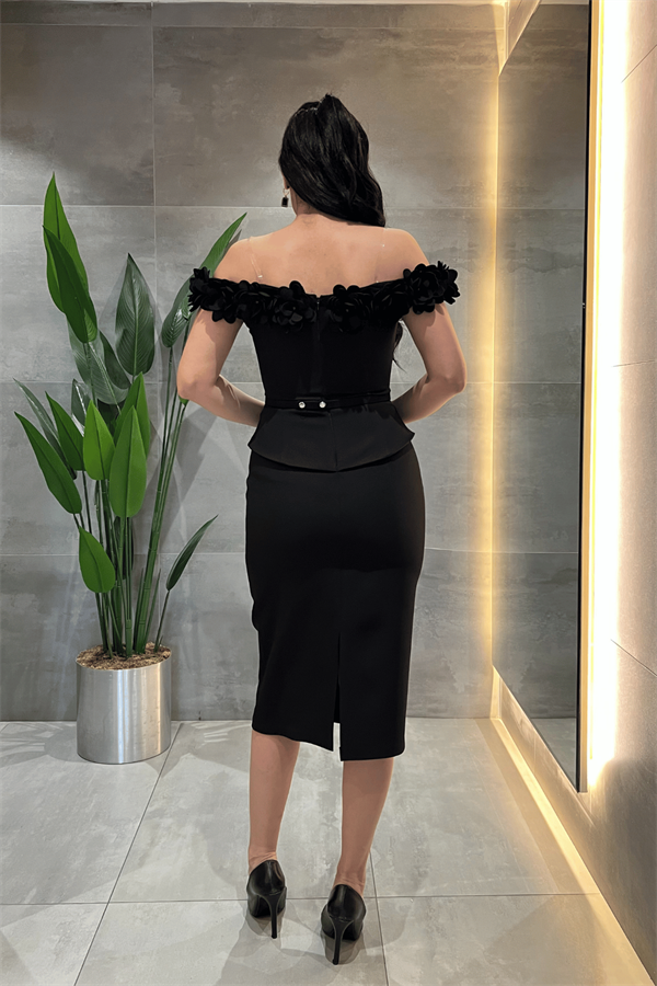 Double Kumaş Çiçek Detaylı Kalem Elbise - SİYAH