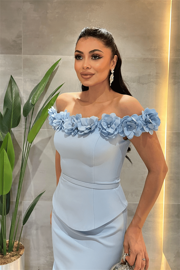 Double Kumaş Çiçek Detaylı Kalem Elbise - BEBE MAVİSİ