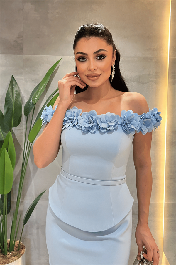 Double Kumaş Çiçek Detaylı Kalem Elbise - BEBE MAVİSİ