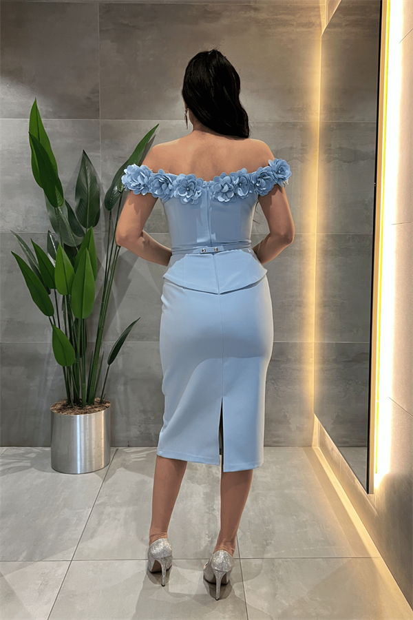 Double Kumaş Çiçek Detaylı Kalem Elbise - BEBE MAVİSİ
