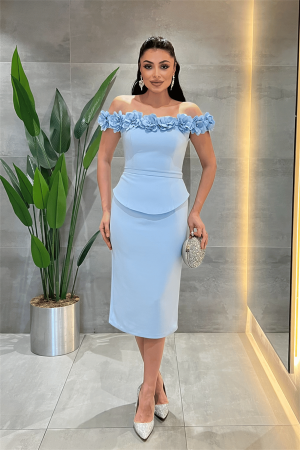 Double Kumaş Çiçek Detaylı Kalem Elbise - BEBE MAVİSİ