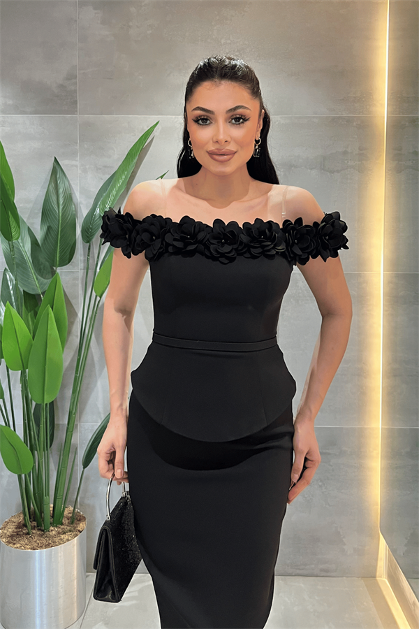 Double Kumaş Çiçek Detaylı Kalem Elbise - SİYAH