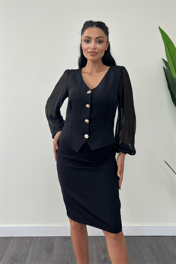 Double Kumaş Düğme Detaylı Kolları Şifon Kalem Elbise - SİYAH