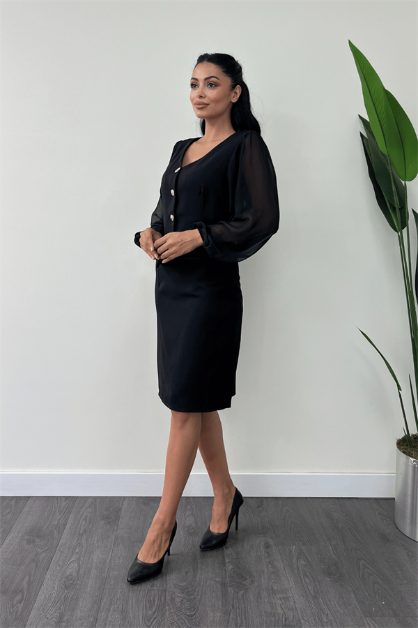 Double Kumaş Düğme Detaylı Kolları Şifon Kalem Elbise - SİYAH