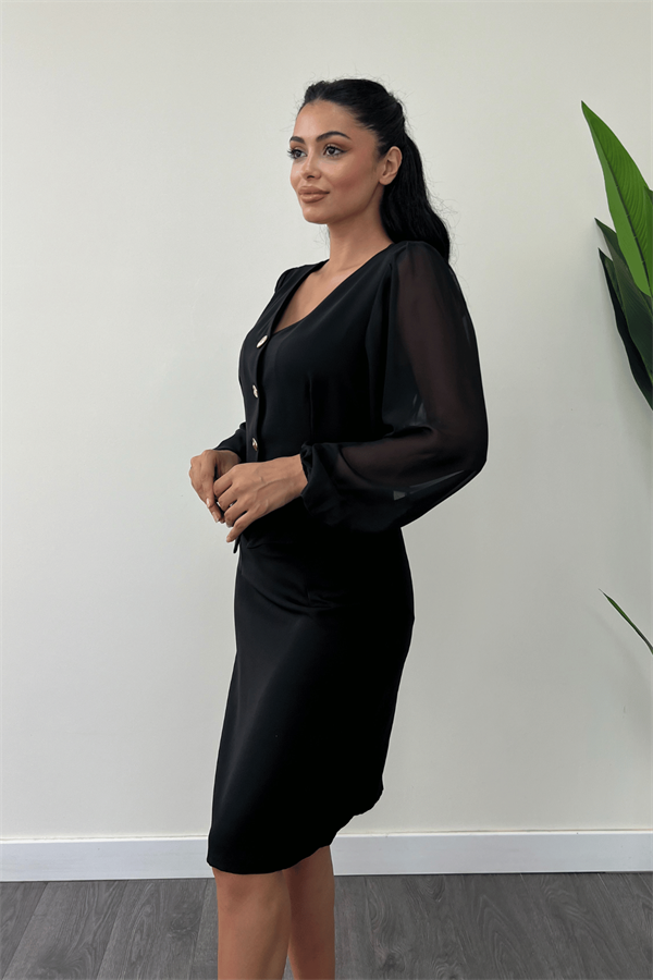 Double Kumaş Düğme Detaylı Kolları Şifon Kalem Elbise - SİYAH