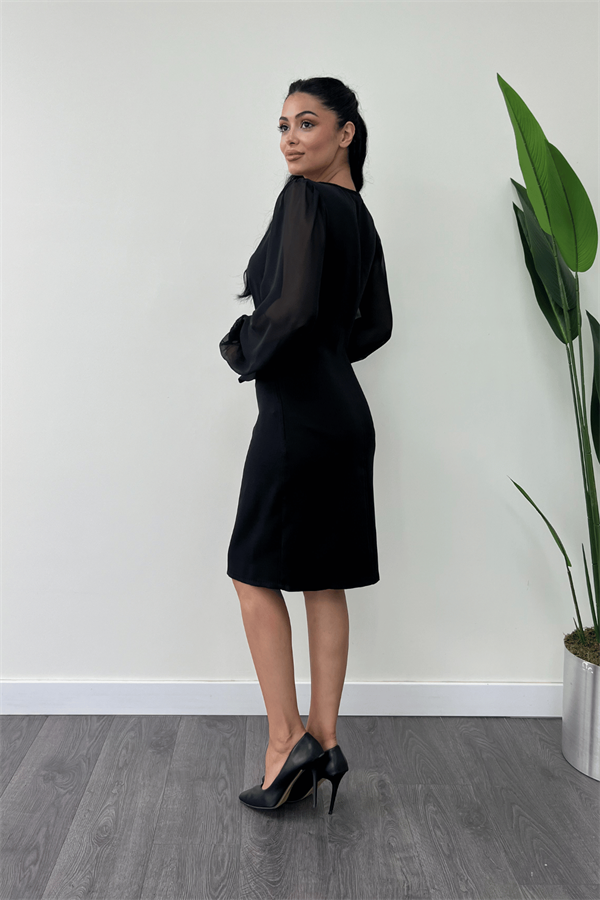 Double Kumaş Düğme Detaylı Kolları Şifon Kalem Elbise - SİYAH