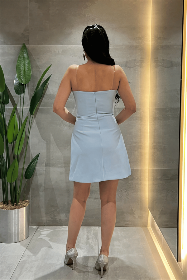 Double Kumaş Fiyonk Detaylı Mini Elbise - BEBE MAVİSİ