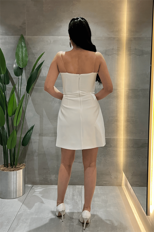 Double Kumaş Fiyonk Detaylı Mini Elbise - BEYAZ