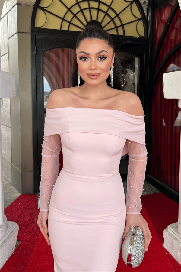 Double Kumaş İnci Detaylı Kayık Yaka Elbise - PEMBE