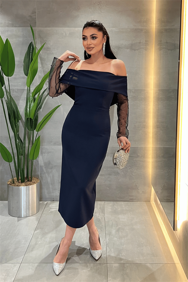 Double Kumaş İnci Detaylı Kayık Yaka Elbise - LACİVERT