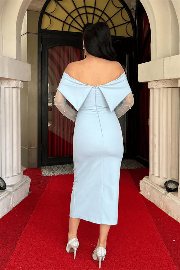 Double Kumaş İnci Detaylı Kayık Yaka Elbise - BUZ MAVİ