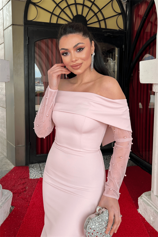 Double Kumaş İnci Detaylı Kayık Yaka Elbise - PEMBE