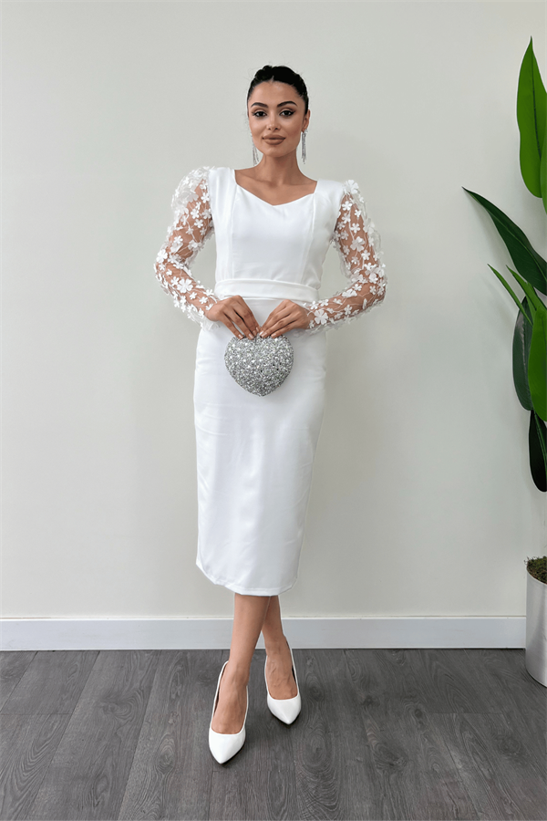 فستان ميدي  مزين بازهار على الأكمام - أبيض