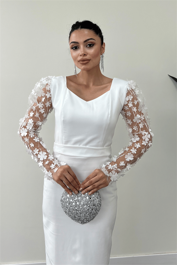 Double Kumaş Kolları 3 Boyutlu Çiçekli Kalem Elbise - Beyaz