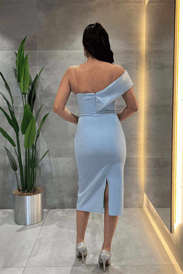 Double Kumaş Organze Çiçek Detaylı Kalem Elbise - BEBE MAVİSİ