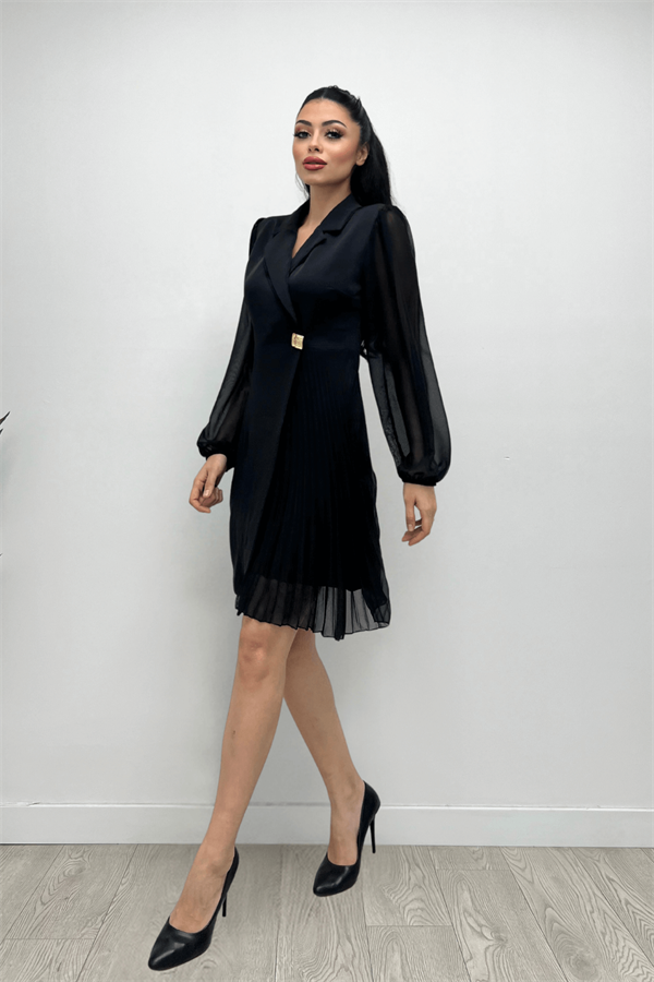 Double Kumaş Pliseli Ceket Elbise - SİYAH