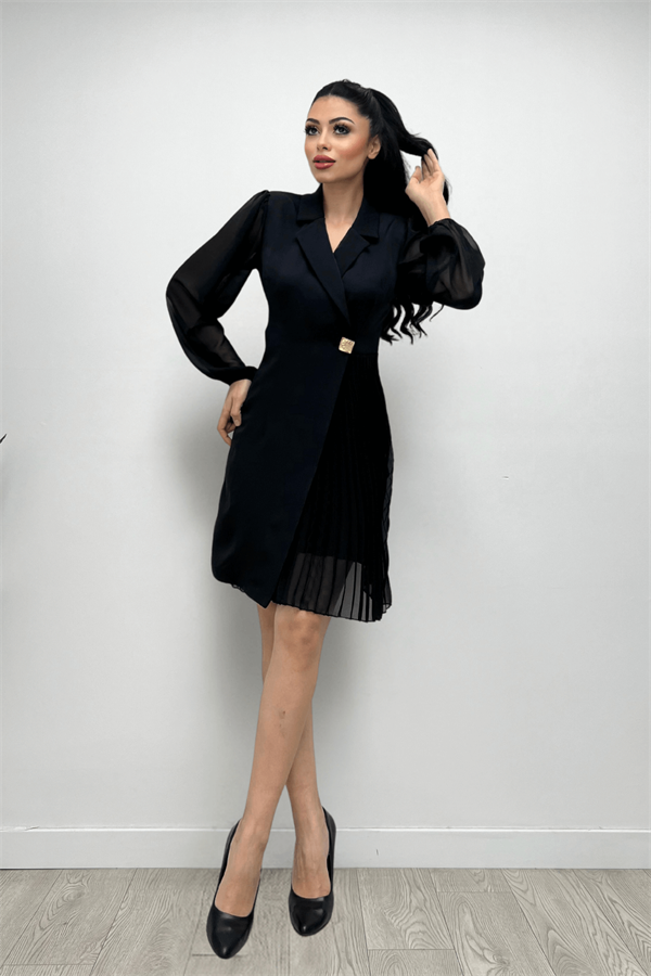 Double Kumaş Pliseli Ceket Elbise - SİYAH