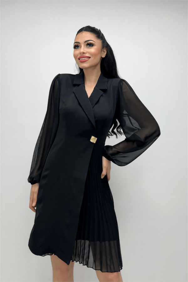 Double Kumaş Pliseli Ceket Elbise - SİYAH