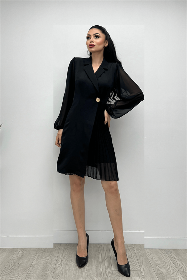 Double Kumaş Pliseli Ceket Elbise - SİYAH