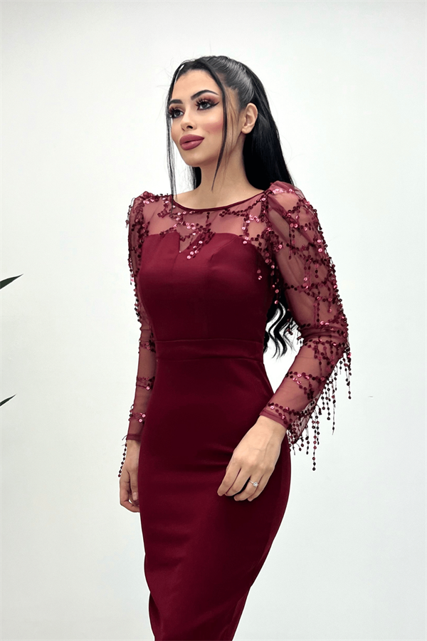 Double Kumaş Pul Saçaklı Elbise - Bordo