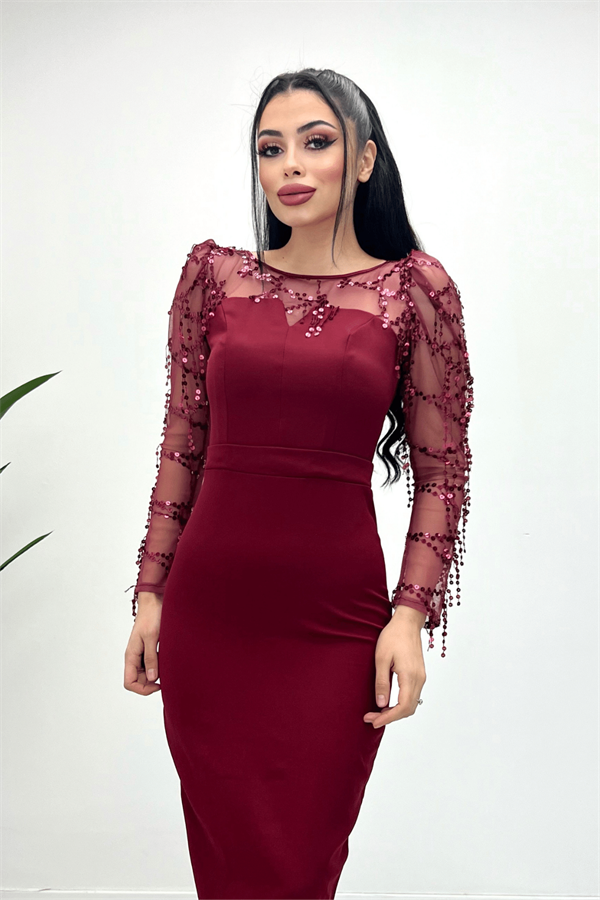 Double Kumaş Pul Saçaklı Elbise - Bordo