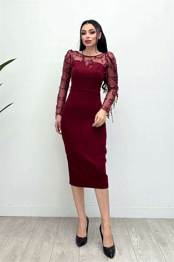 Double Kumaş Pul Saçaklı Elbise - Bordo