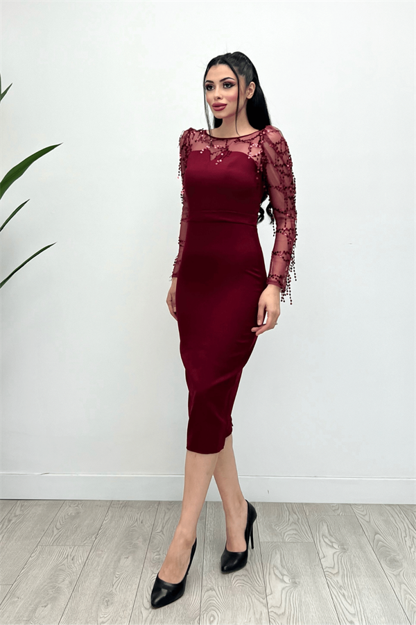 Double Kumaş Pul Saçaklı Elbise - Bordo