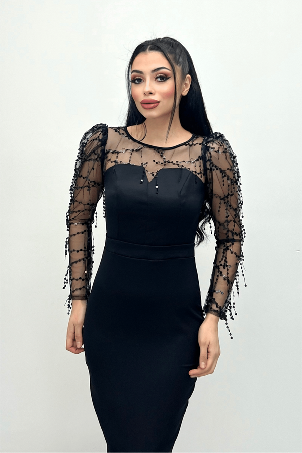 Double Kumaş Pul Saçaklı Elbise - Siyah