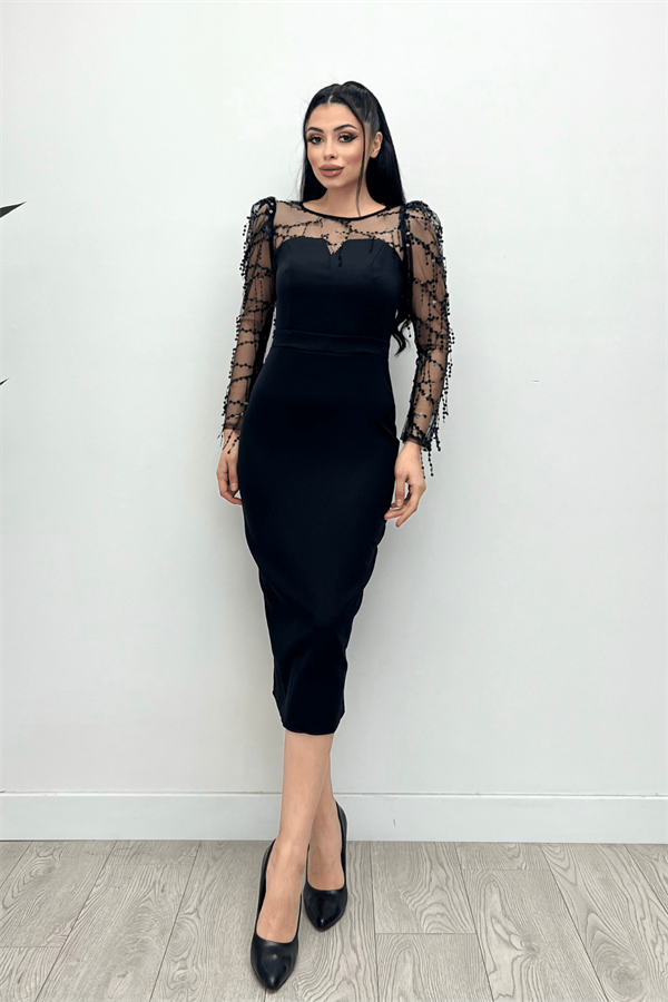 Double Kumaş Pul Saçaklı Elbise - Siyah