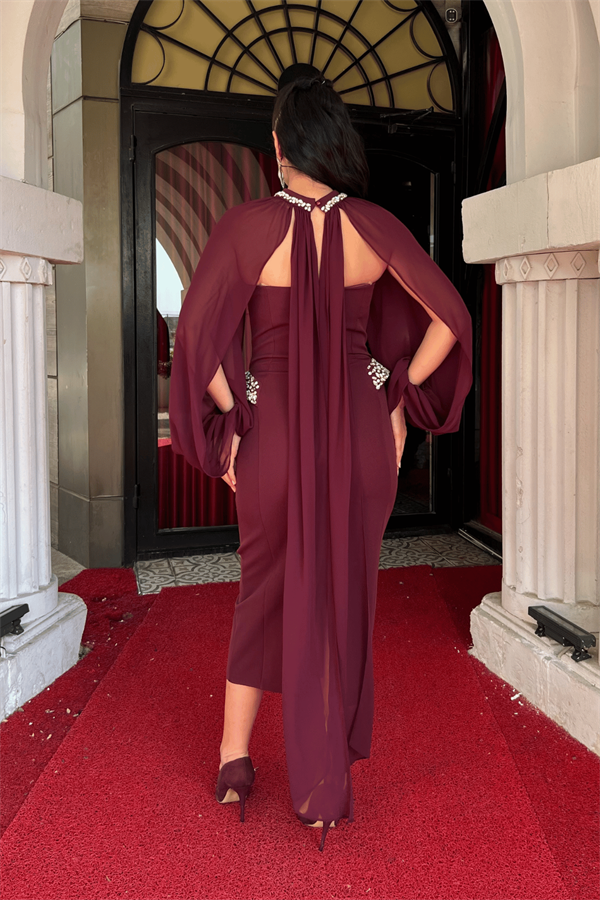 Double Kumaş Straplez Bolero Detaylı Kalem Elbise - BORDO