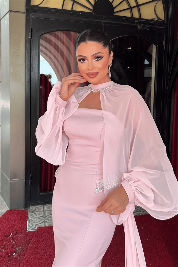Double Kumaş Straplez Bolero Detaylı Kalem Elbise - PUDRA