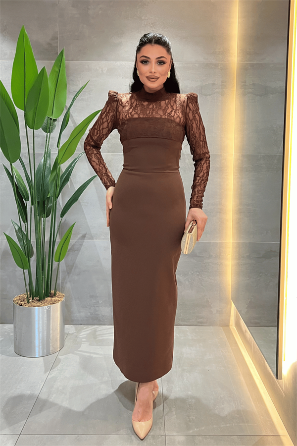 Double Kumaş Straplez Dantel Bolero Detaylı Elbise - KAHVERENGİ