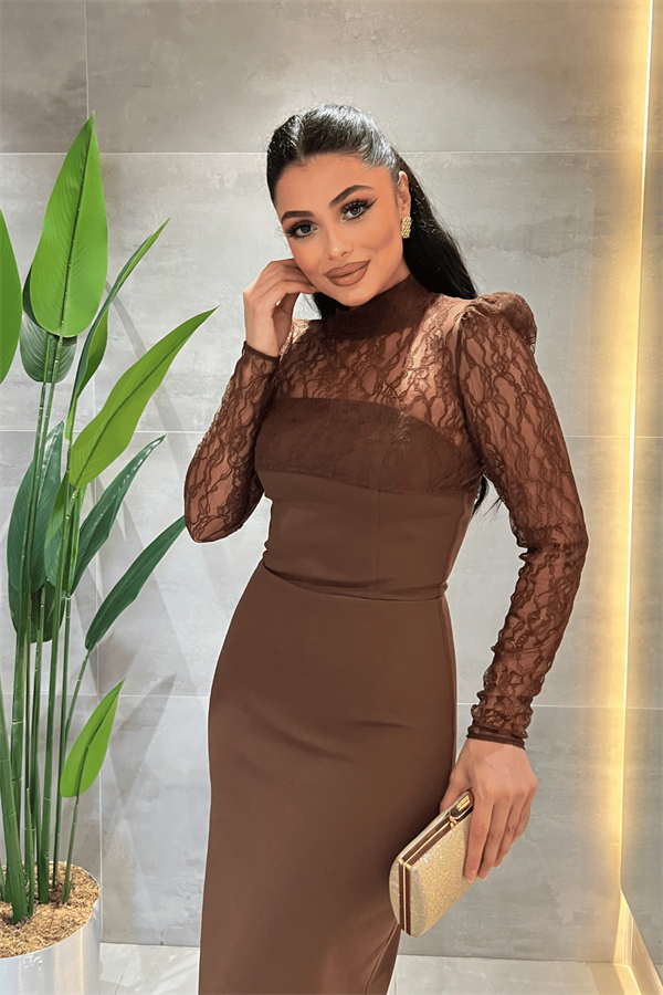 Double Kumaş Straplez Dantel Bolero Detaylı Elbise - KAHVERENGİ