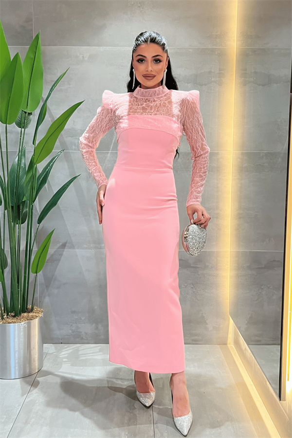 Double Kumaş Straplez Dantel Bolero Detaylı Elbise - PEMBE