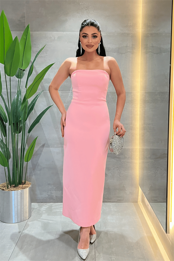 Double Kumaş Straplez Dantel Bolero Detaylı Elbise - PEMBE