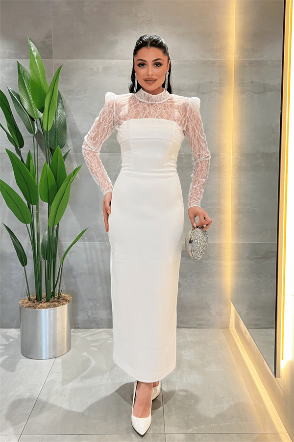 Double Kumaş Straplez Dantel Bolero Detaylı Elbise - BEYAZ