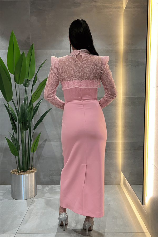 Double Kumaş Straplez Dantel Bolero Detaylı Elbise - PEMBE
