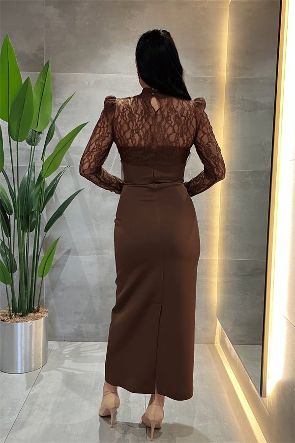 Double Kumaş Straplez Dantel Bolero Detaylı Elbise - KAHVERENGİ