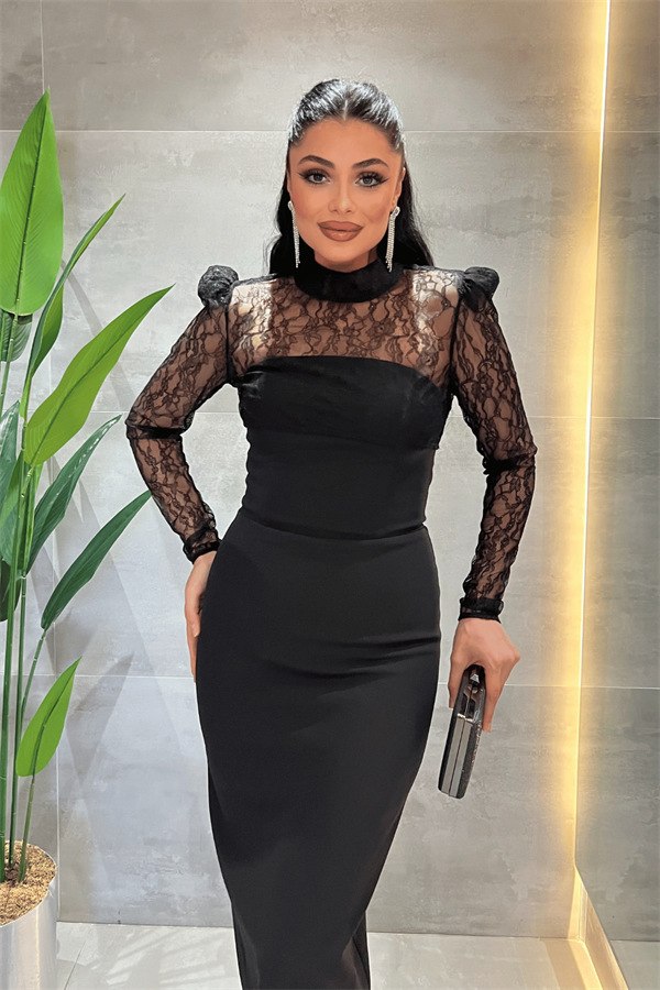 Double Kumaş Straplez Dantel Bolero Detaylı Elbise - SİYAH