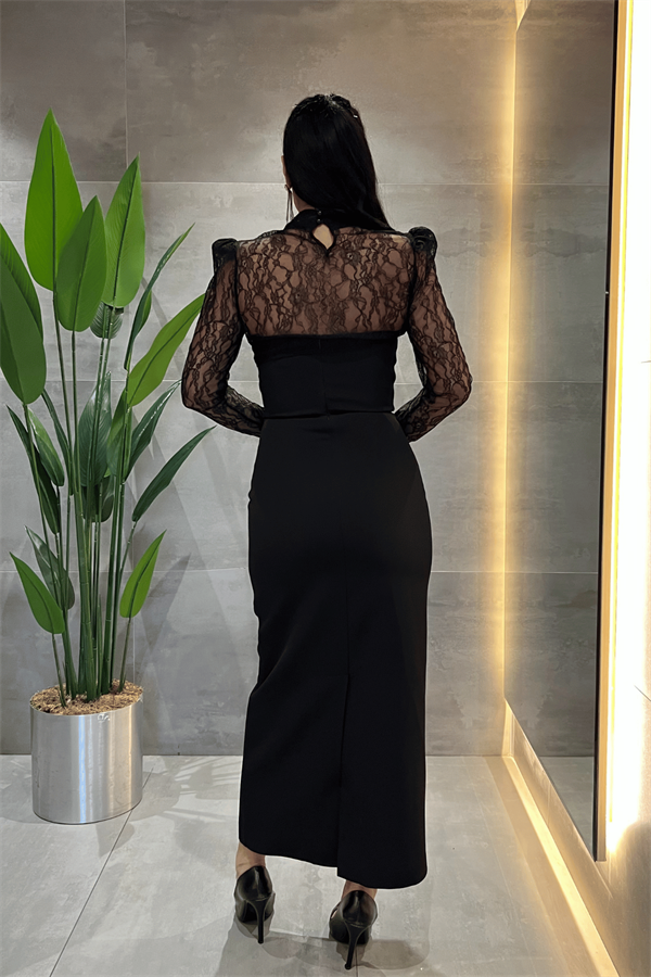 Double Kumaş Straplez Dantel Bolero Detaylı Elbise - SİYAH