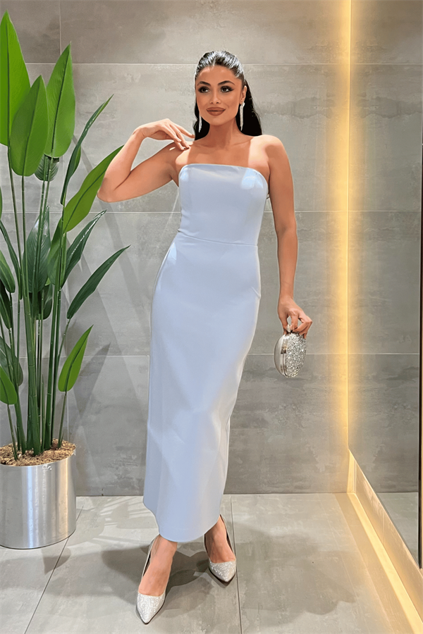 Double Kumaş Straplez Dantel Bolero Detaylı Elbise - BEBE MAVİSİ