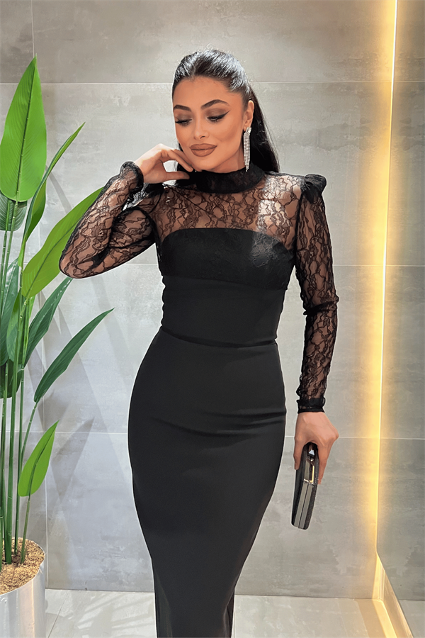 Double Kumaş Straplez Dantel Bolero Detaylı Elbise - SİYAH