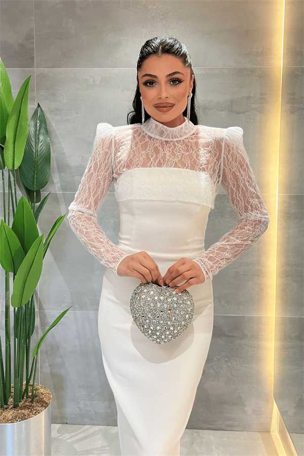 Double Kumaş Straplez Dantel Bolero Detaylı Elbise - BEYAZ