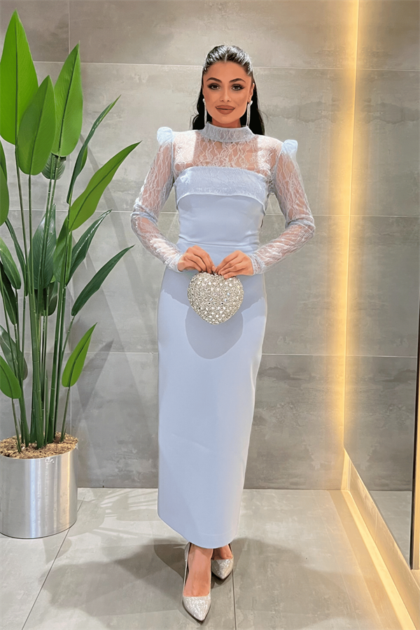 Double Kumaş Straplez Dantel Bolero Detaylı Elbise - BEBE MAVİSİ