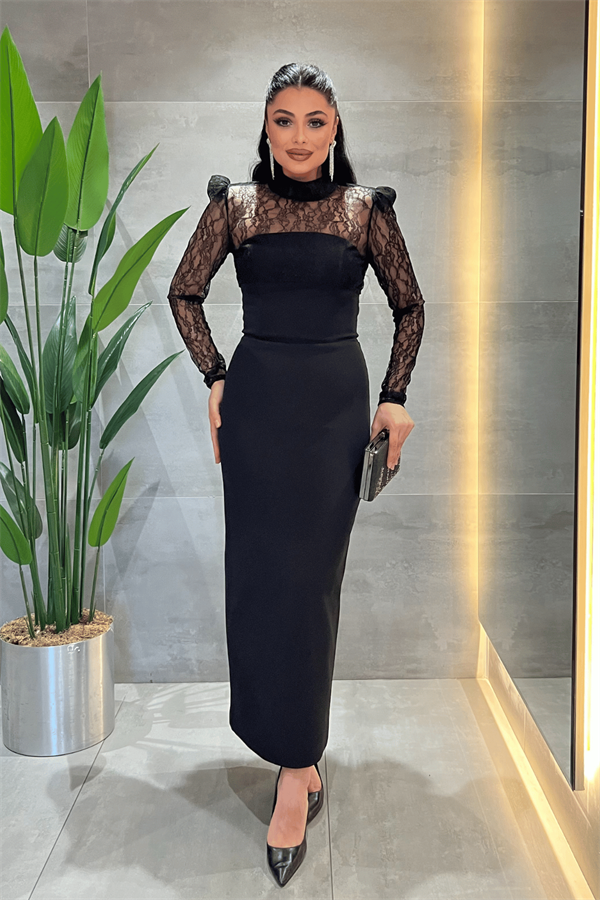 Double Kumaş Straplez Dantel Bolero Detaylı Elbise - SİYAH