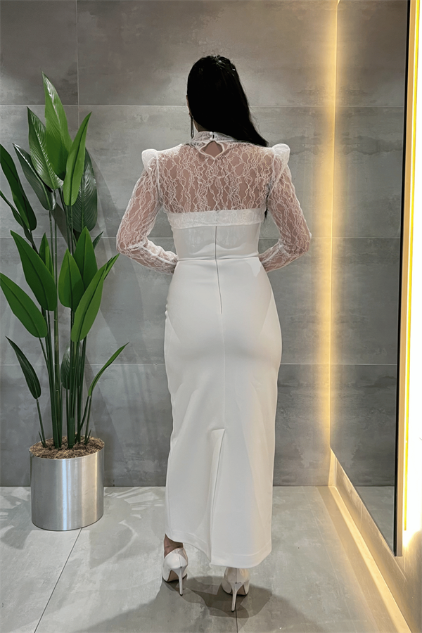 Double Kumaş Straplez Dantel Bolero Detaylı Elbise - BEYAZ