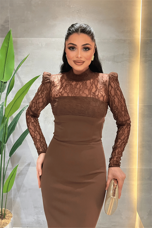 Double Kumaş Straplez Dantel Bolero Detaylı Elbise - KAHVERENGİ