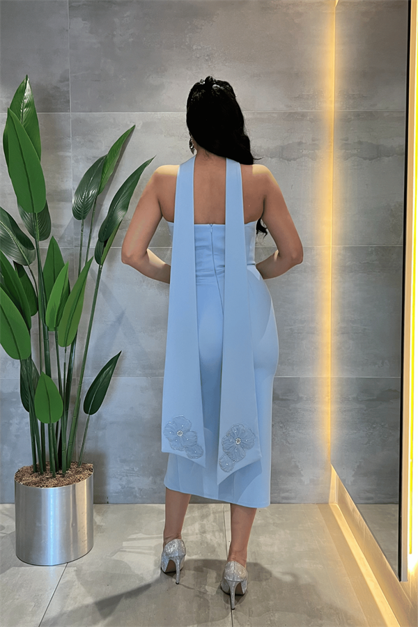 Double Kumaş Straplez Şal Detaylı Kalem Elbise - BEBE MAVİSİ
